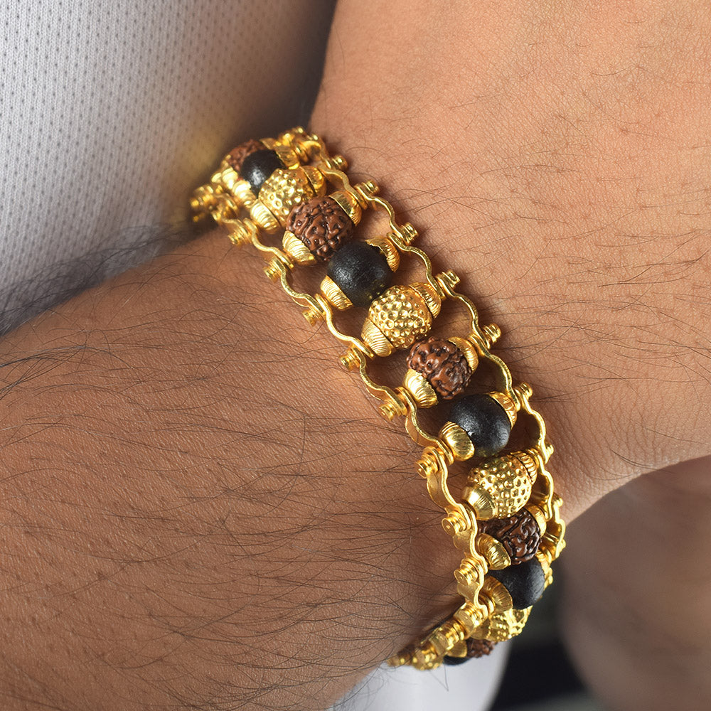 PVD Gold Platted Rudraksha & Karungali Bracelet