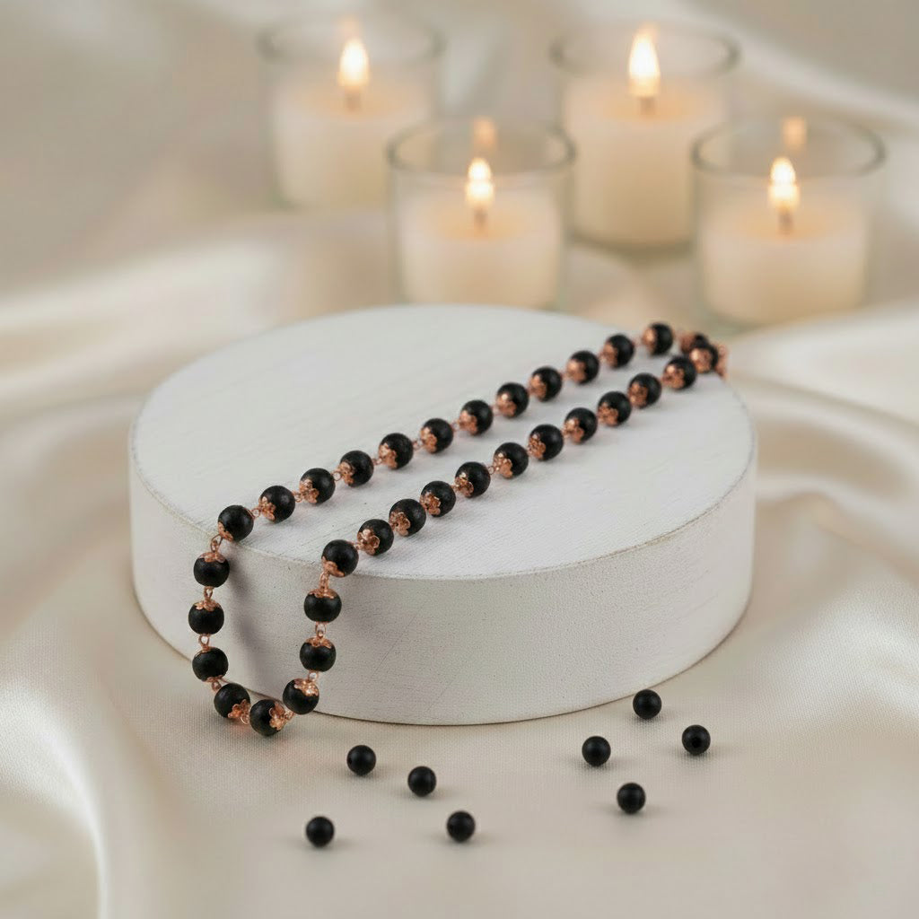 100% original and government certified 8mm Karungali mala with copper capping, ideal for meditation, spiritual protection, and positive energy. India’s Premium Jap Mala Store - www.satvikstore.in