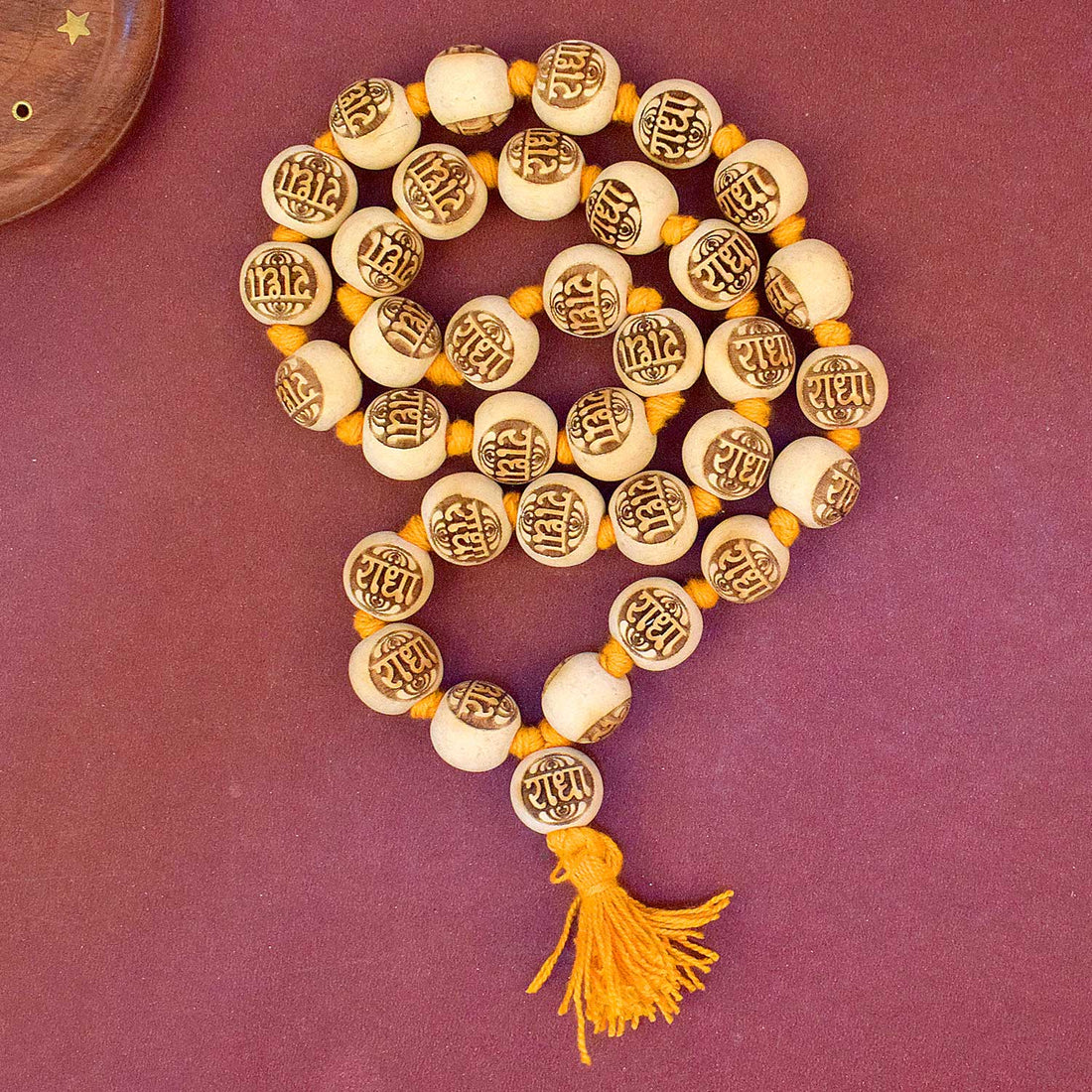 Wooden Jap Mala Engraved with Radha Name – Spiritual prayer beads with Radha inscription for chanting and devotion.
India’s Largest Pooja Accessories Brand - www.satvikstore.in