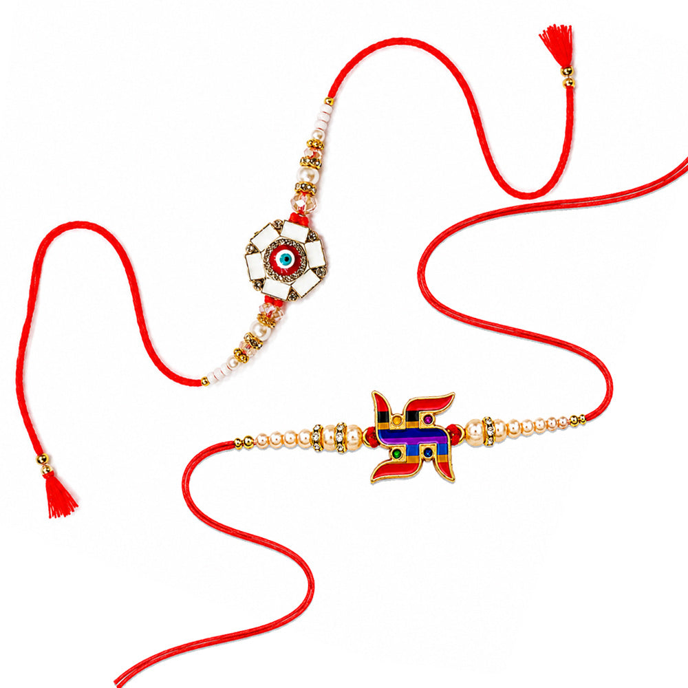 Auspicious Swastik and Enamel Evil Eye Designer Rakhi (Set of 2)