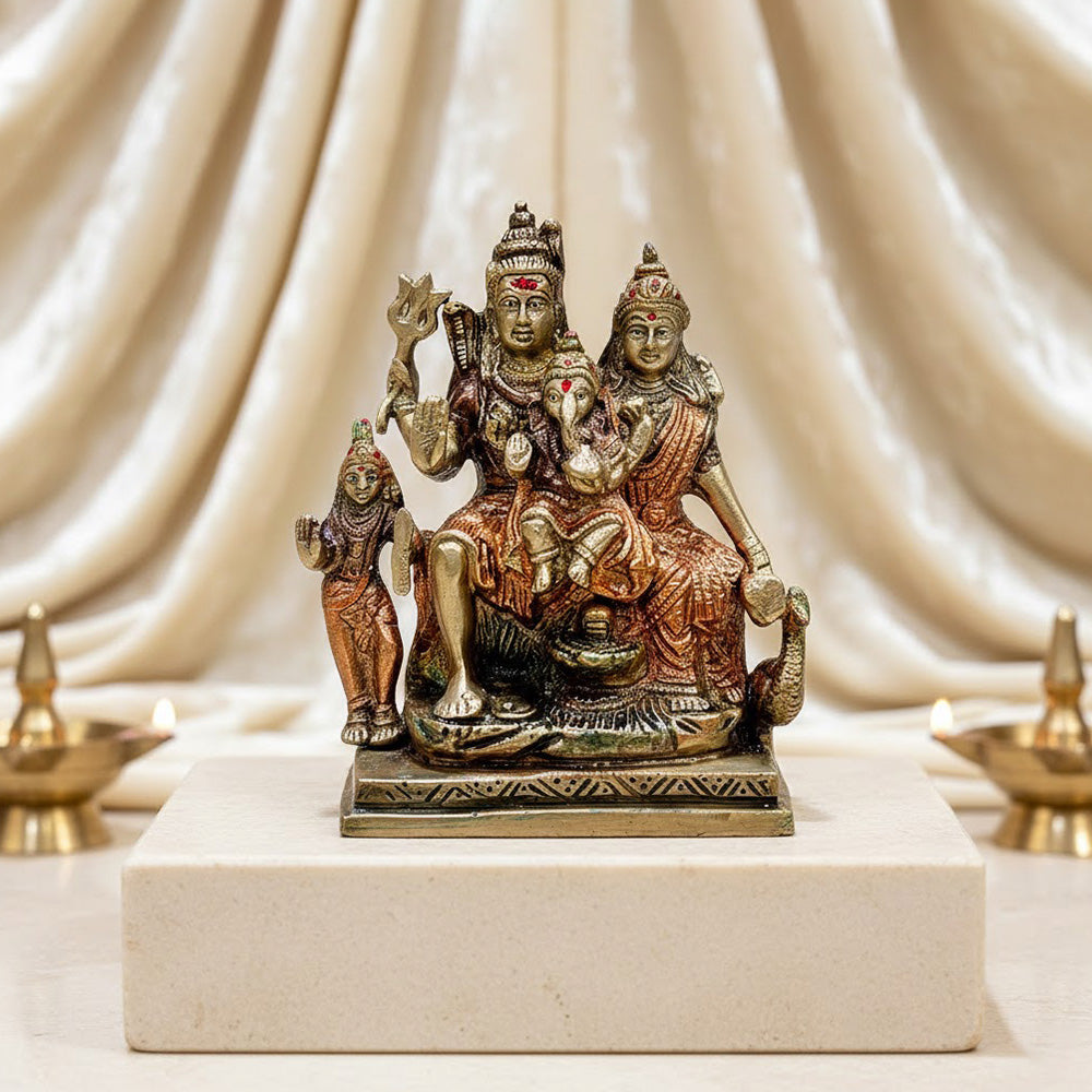 5.5 Inch Shiv Family Statue – Handcrafted Divine Brass Sculpture Depicting Lord Shiva, Goddess Parvati, Lord Ganesha, and Kartikeya, Symbolizing Unity, Strength, and Blessings for Home Temple. No.1 Brass Idol Store www.satvikstore.in