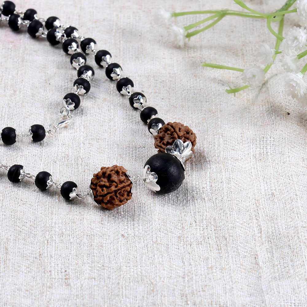 Silver Plated Karungali Mala 8mm with Rudraksha Govt Certified