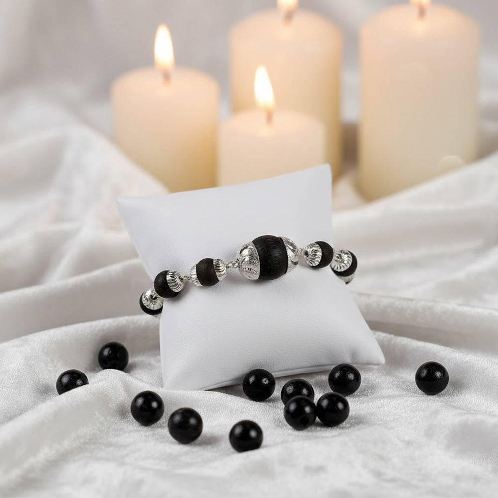 8mm Silver Plated Karungali Bracelet with Big Bead Govt Certified