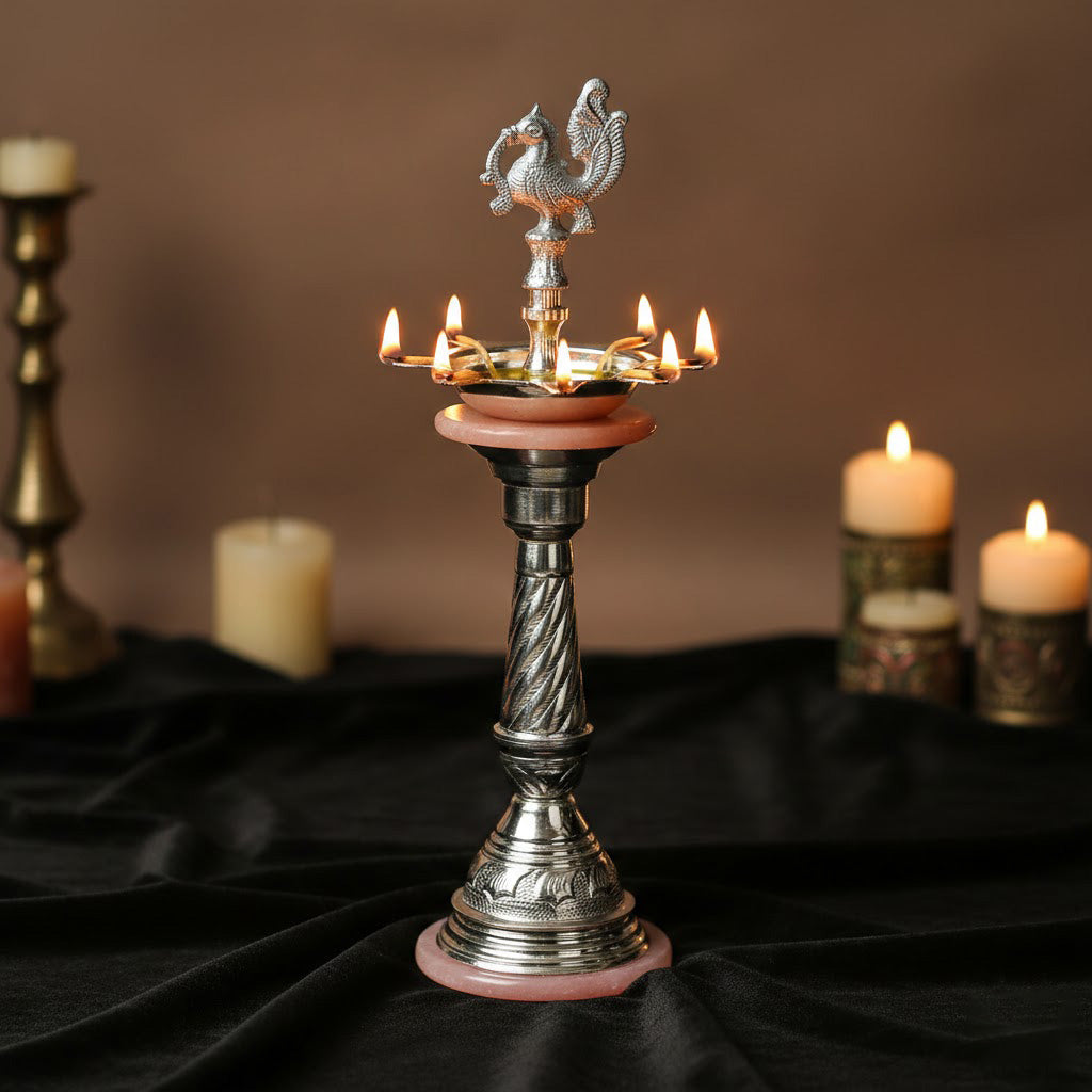 Silver Fancy Kerala Diya – Traditional Pooja Oil Lamp Spiritual Use