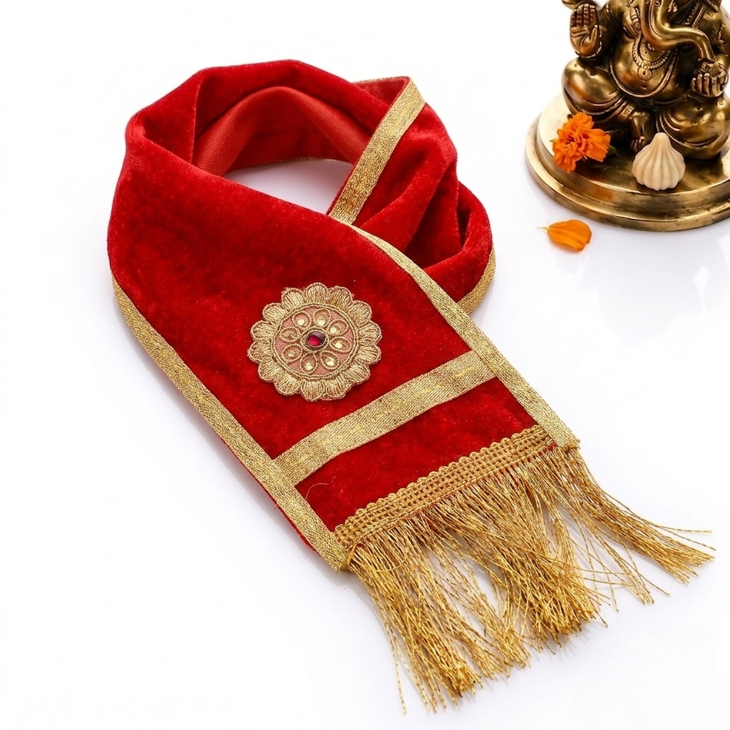 Designer Red Velvet Ganpati Idol Patka with Gold Tassels