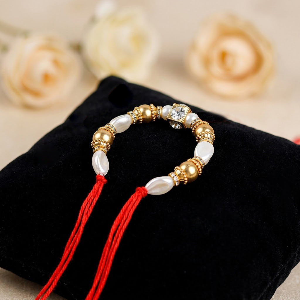 Gold and Pearl Crystal Stone Lumba Rakhi
