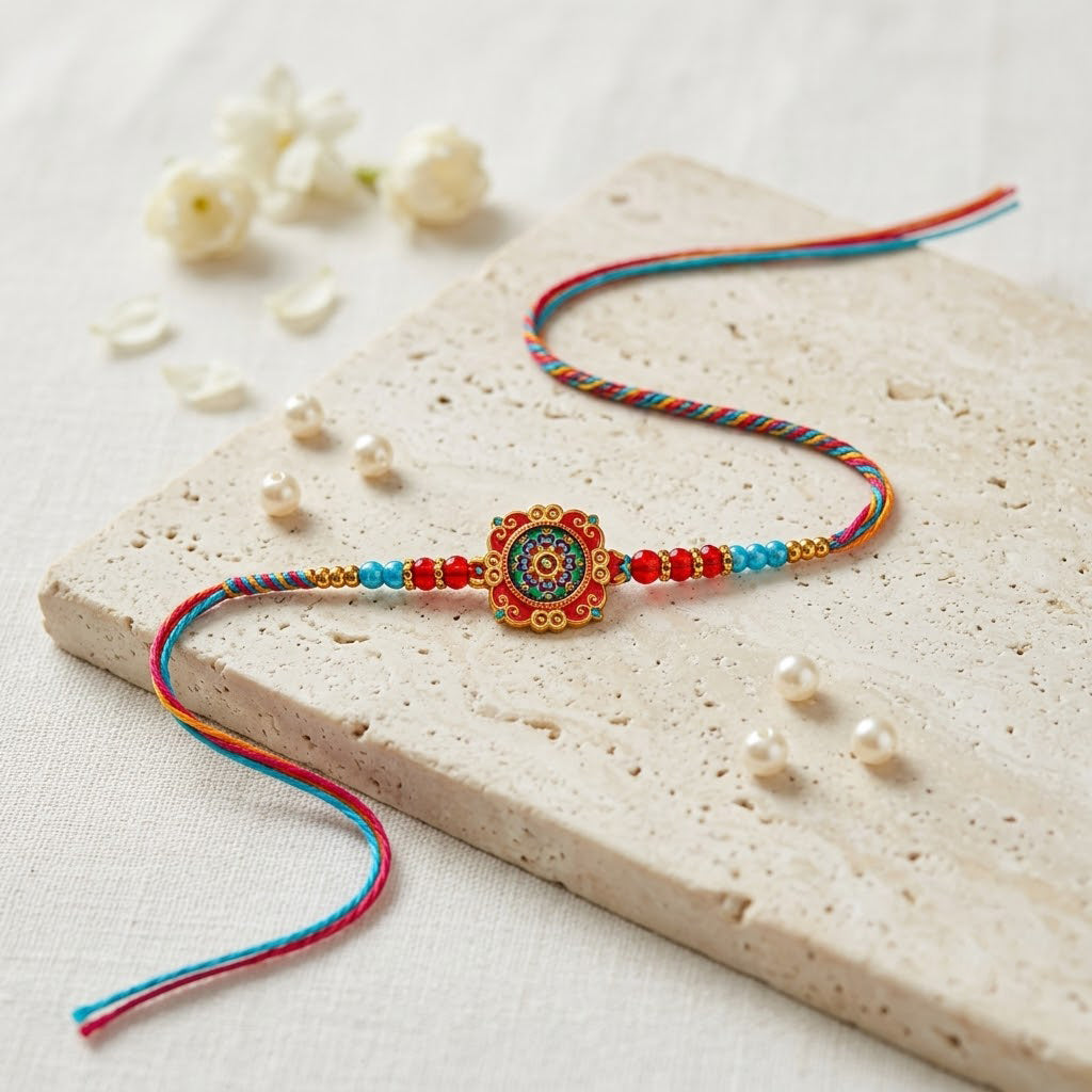 Traditional Royal Floral Meenakari Dial Stone Studded Rakhi