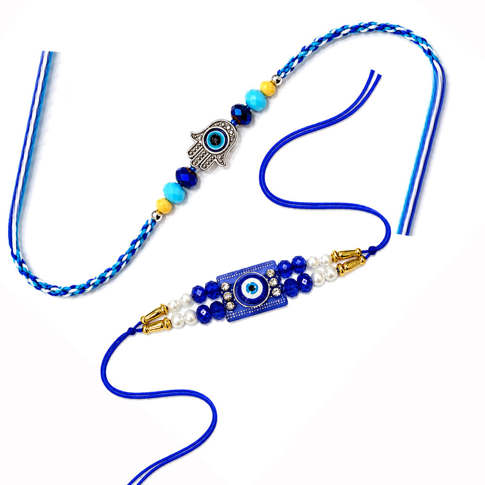 Modern Protection Hamsa Hand and Blue Evil Eye Rakhi (Set of 2)