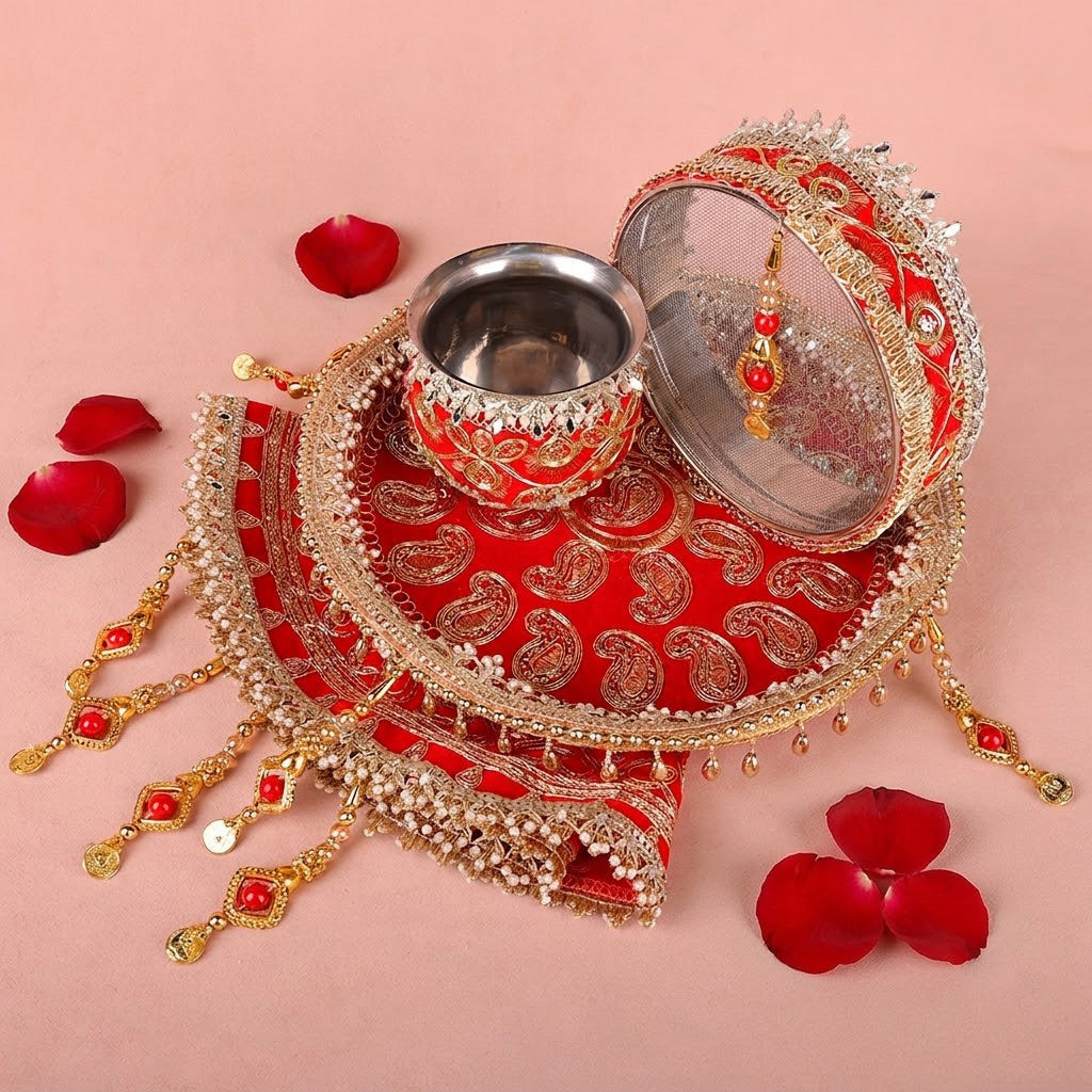 11 Pc Red Embroidery Karwa Chauth Thali Set