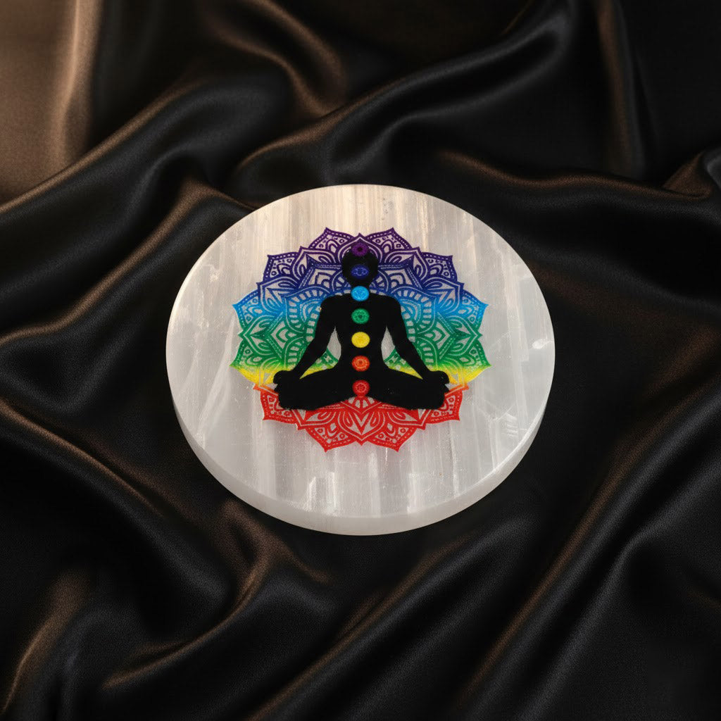 Round 7 Chakra Selenite Charging Plate Spiritual Healing Tool