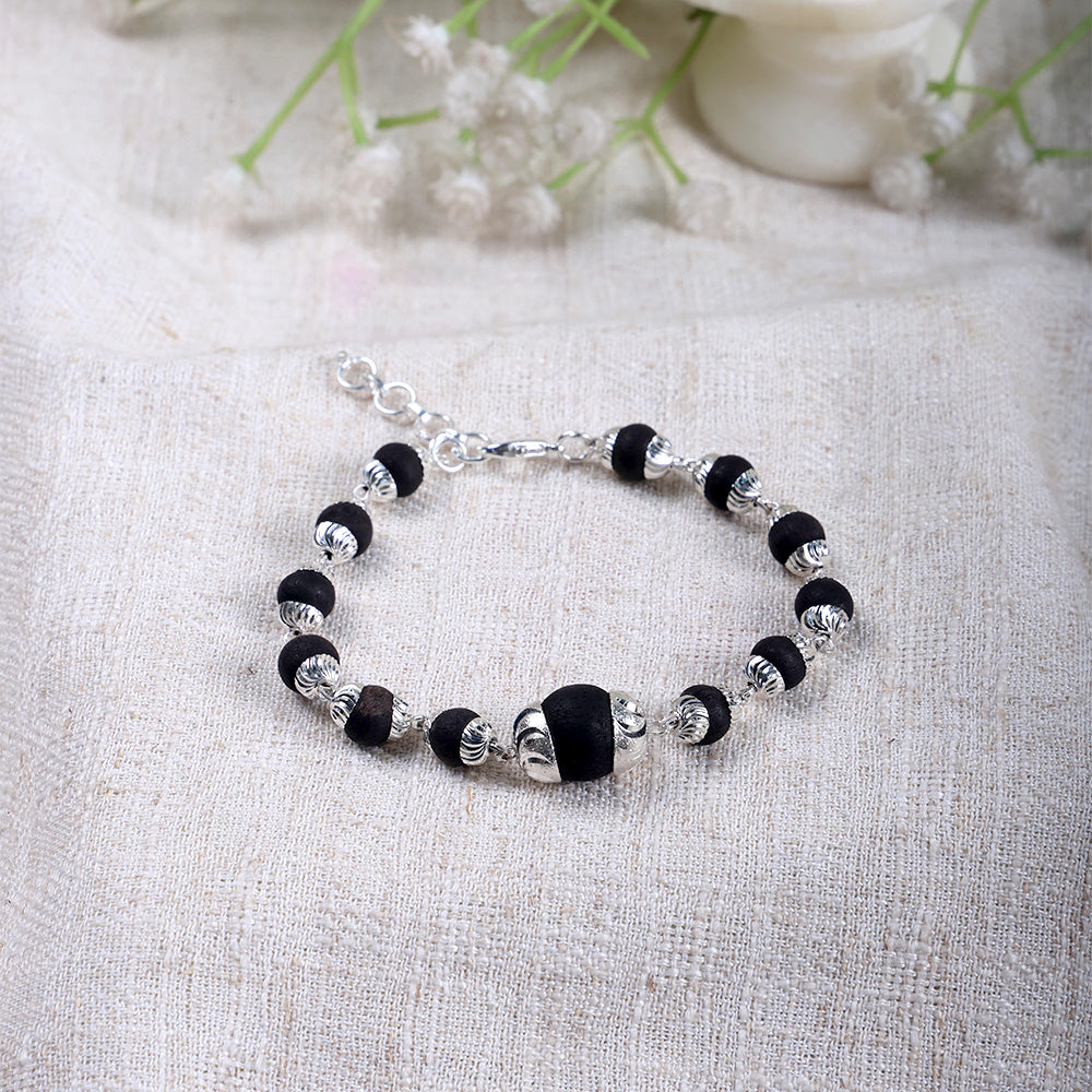 8mm Silver Plated Karungali Bracelet with Big Bead Govt Certified