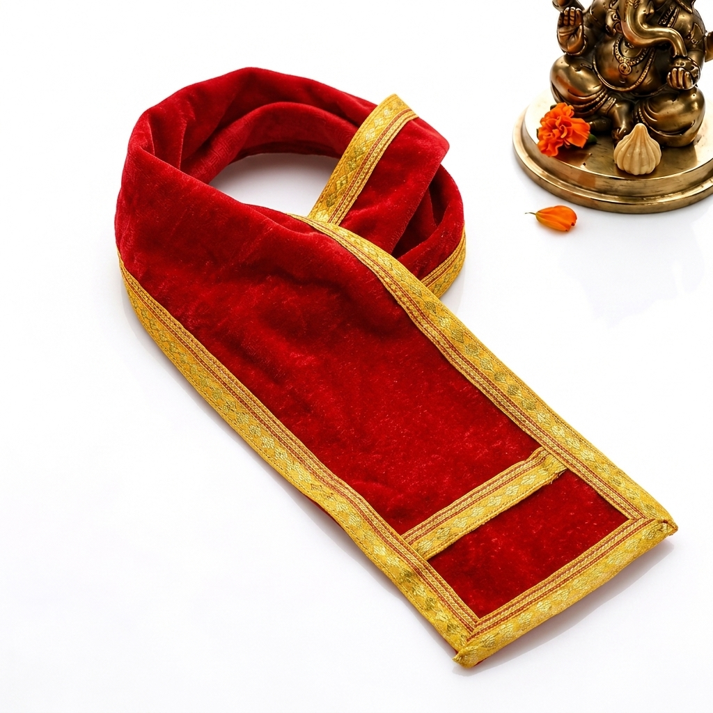 Red Velvet Ganpati Idol Patka with Traditional Gold Border