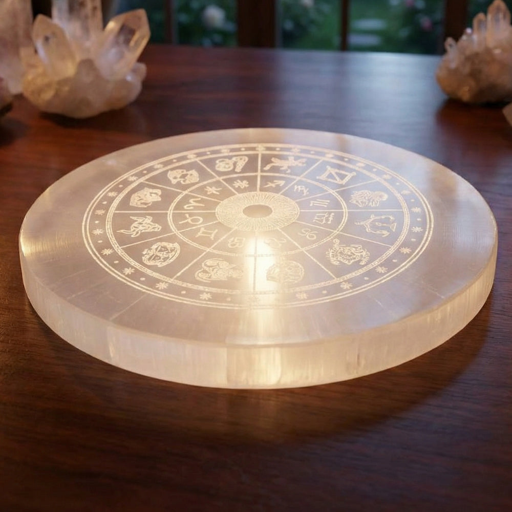 Selenite Crystal Recharging Plate with Zodiac Sign Spiritual Tool