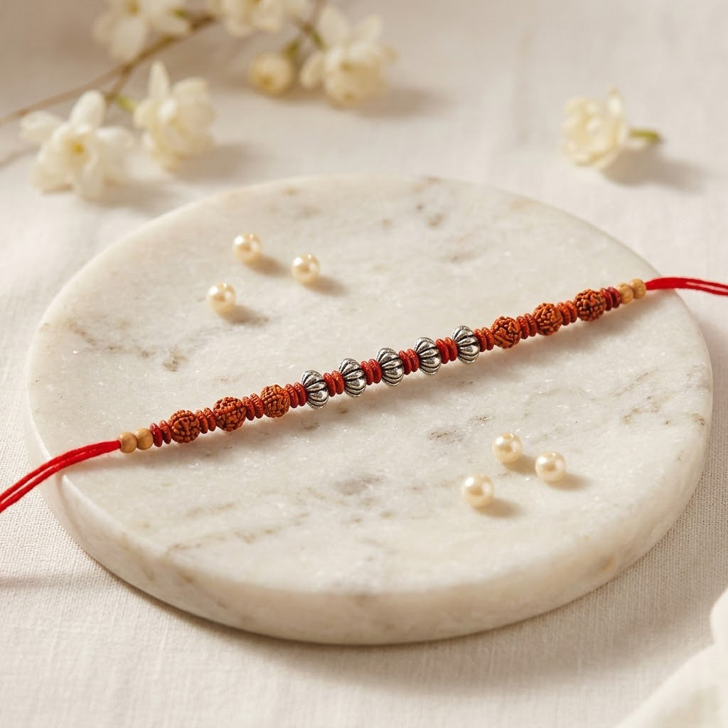Traditional Red Thread Rudraksha Design Rakhi