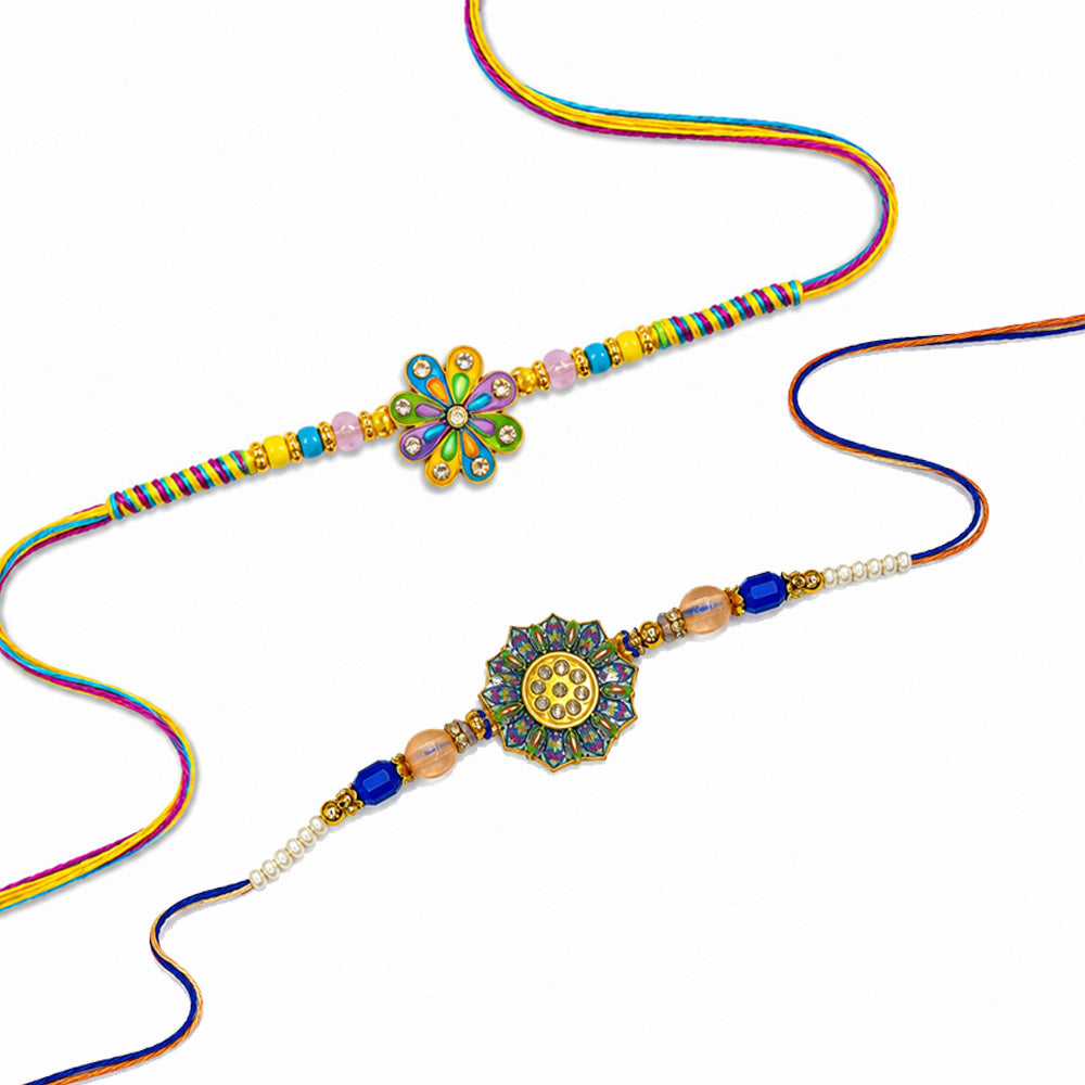 Multicolor Enamel Daisy Starburst Floral Designer Rakhi (Set of 2)