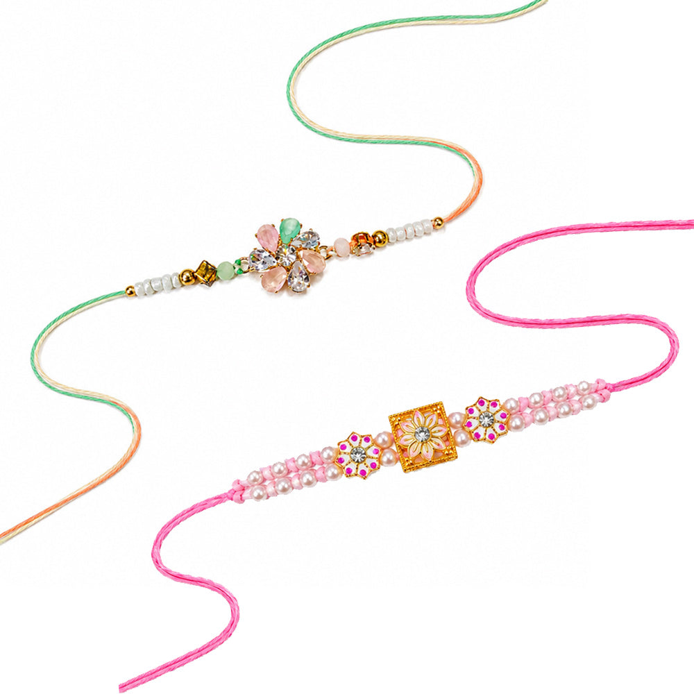 Square Kundan Floral Medallion Crystal Stone Rakhi (Set of 2)