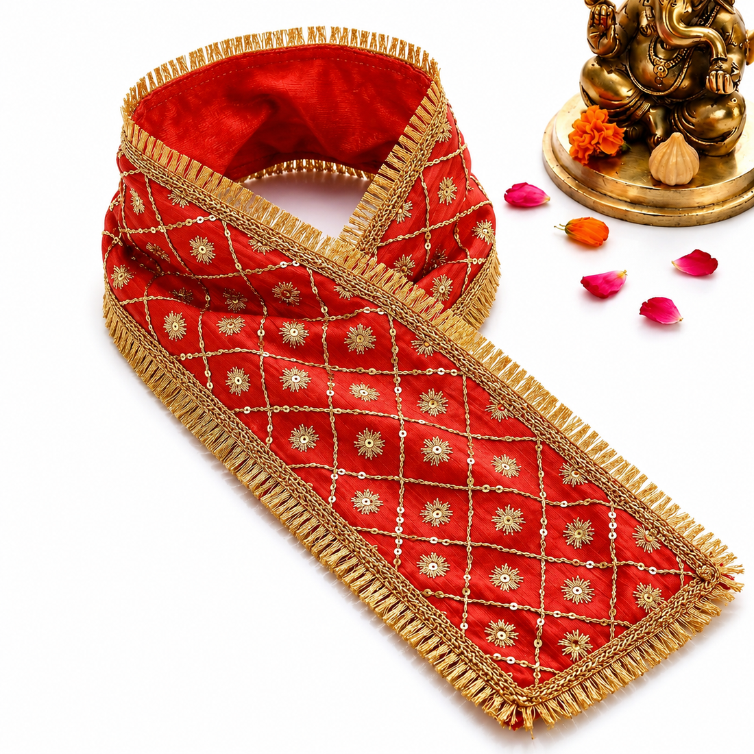 Red & Gold Embroidered Ganpati Idol Patka - 35 Inch