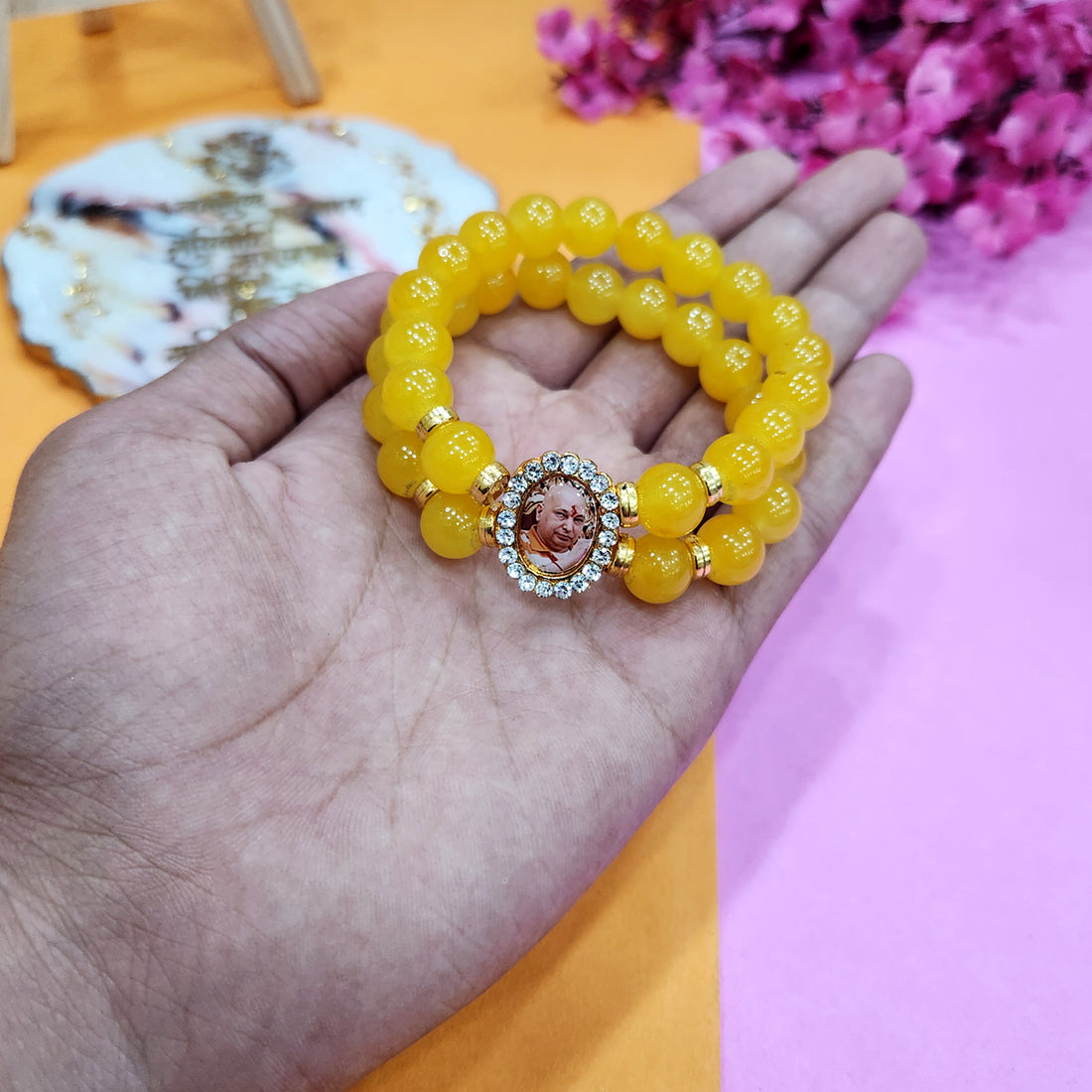 Yellow Round Pearl Bracelet with Jai Guruji Swaroop