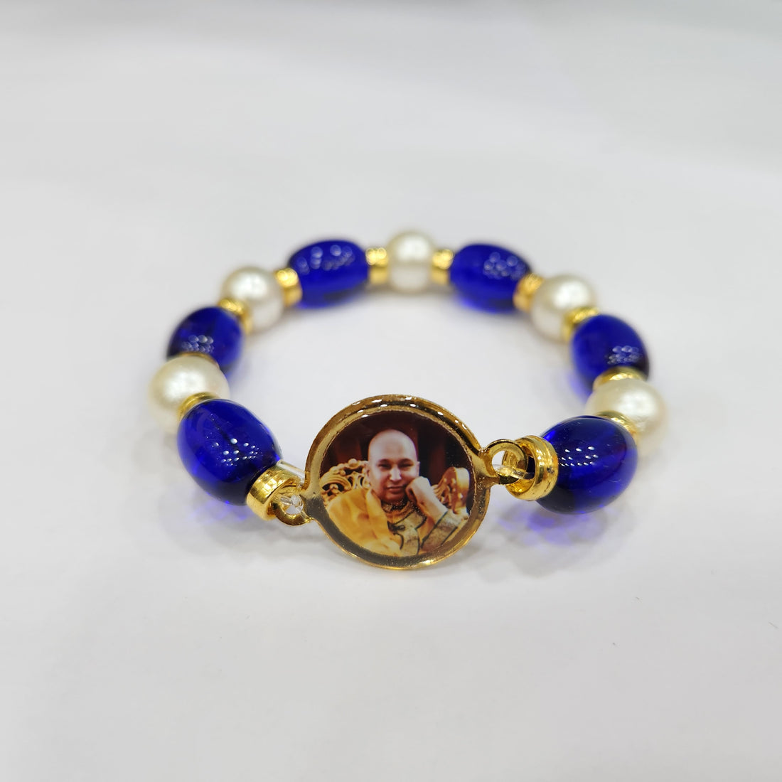 Blue And White Pearl Bracelet with Jai Guruji Swaroop Handmade Bracelets for Men and Women