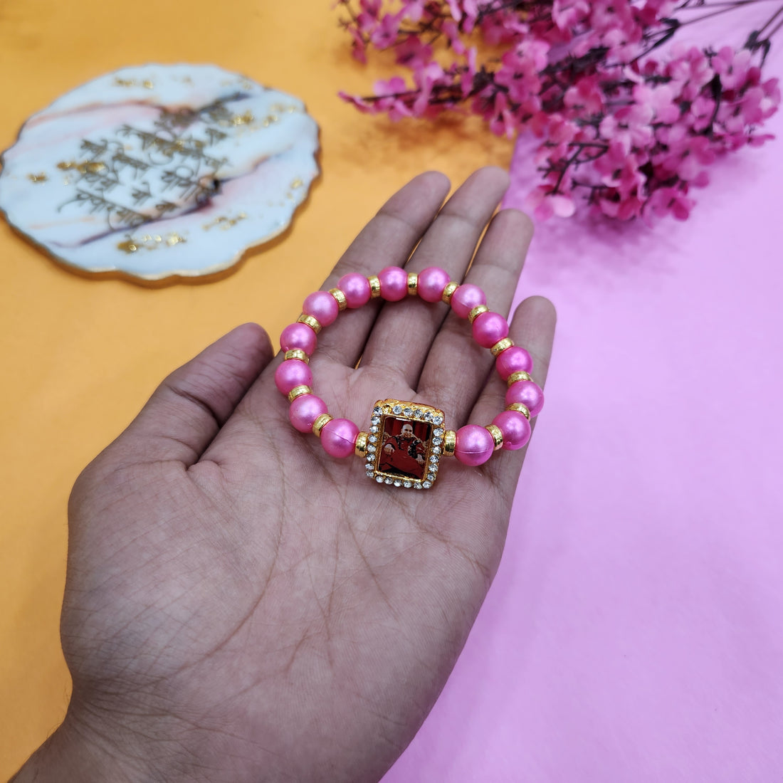 Pink Round Pearl Bracelet with Jai Guruji Swaroop Handmade Bracelets for Men and Women