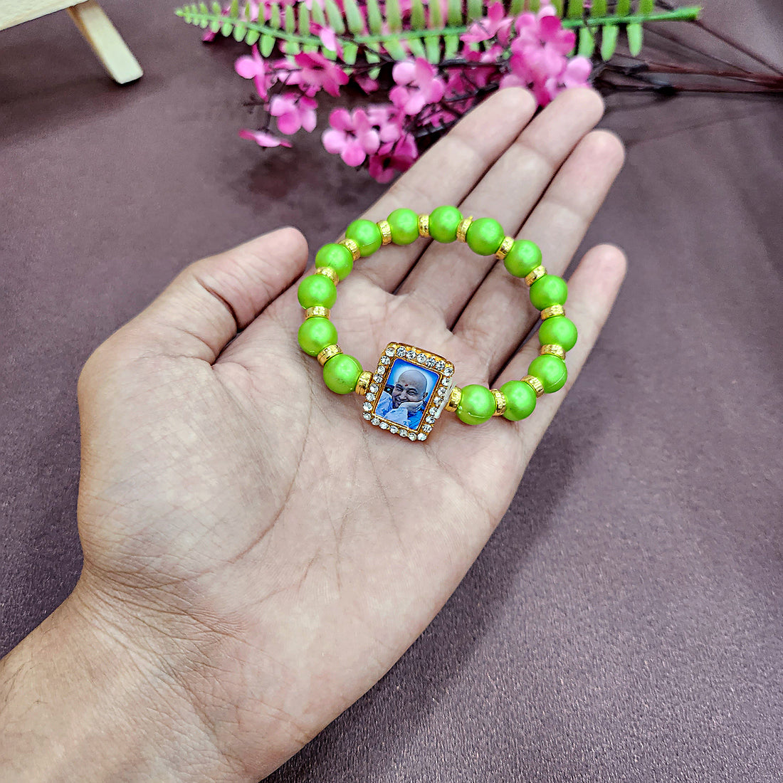 Lime Green Round Pearl Bracelet with Jai Guruji Swaroop