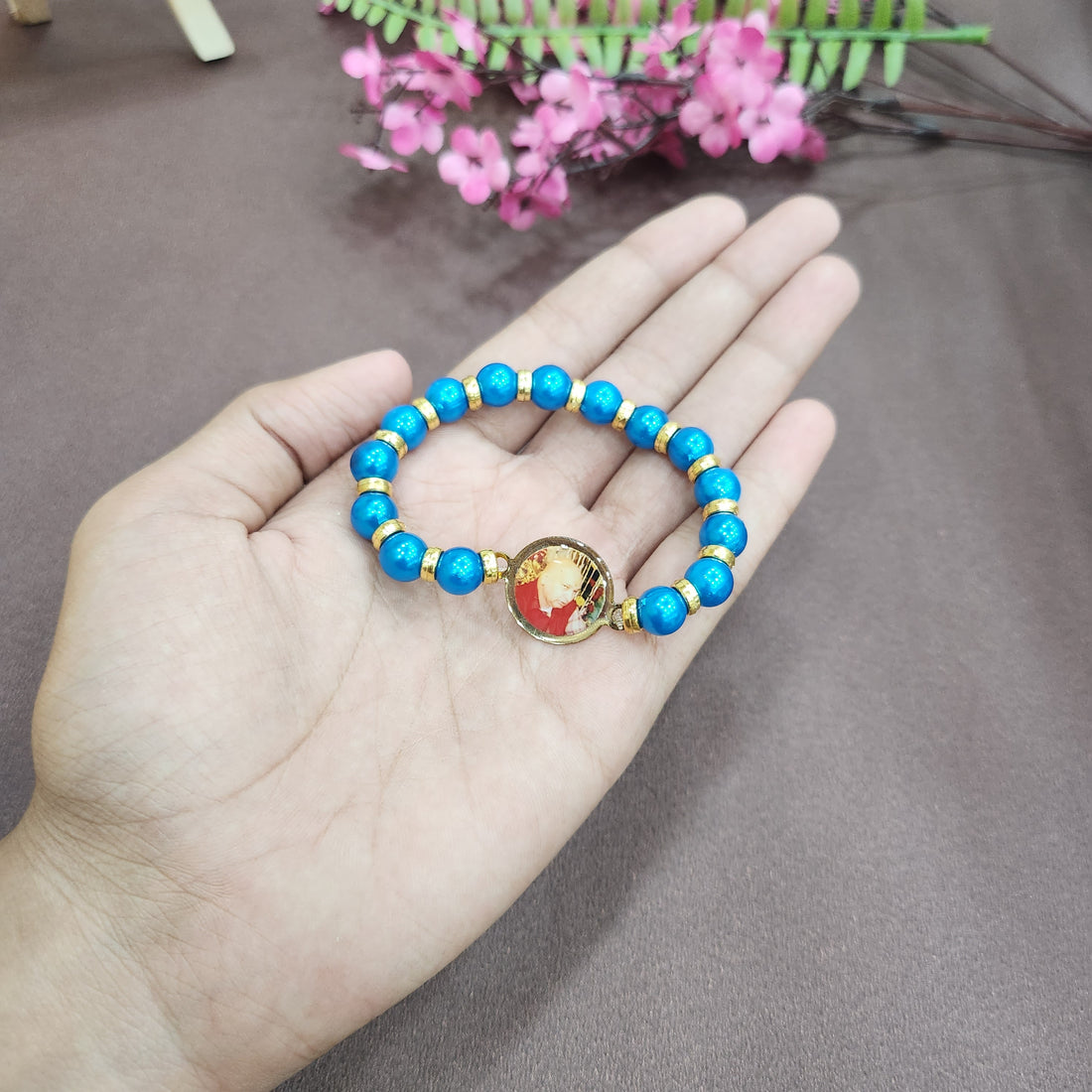 Dark Blue Pearl Bracelet with Jai Guruji Swaroop Handmade Bracelets for Men and Women