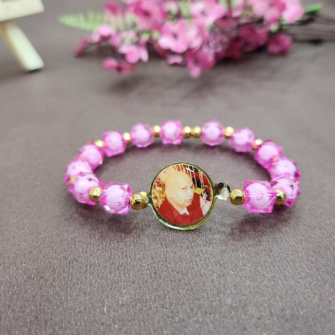 Pink Pearl Bracelet with Jai Guruji Swaroop Handmade Bracelets for Men and Women