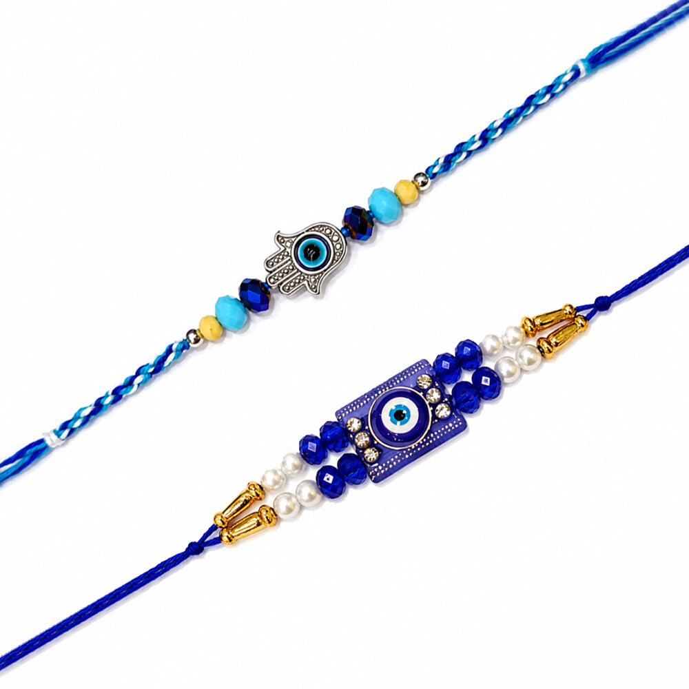 Modern Protection Hamsa Hand and Blue Evil Eye Rakhi (Set of 2)