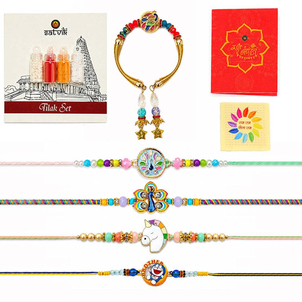 Meenakari Peacock Family Rakhi Pack (Set of 5)