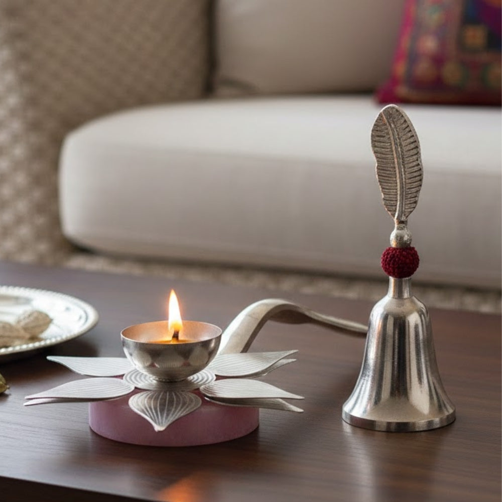 Silver Lotus Diya with Bell – Silver Plated Pooja Lamp Decorative Spiritual Use