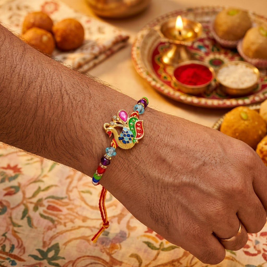 Traditional Colorful Peacock Charm Designer Rakhi