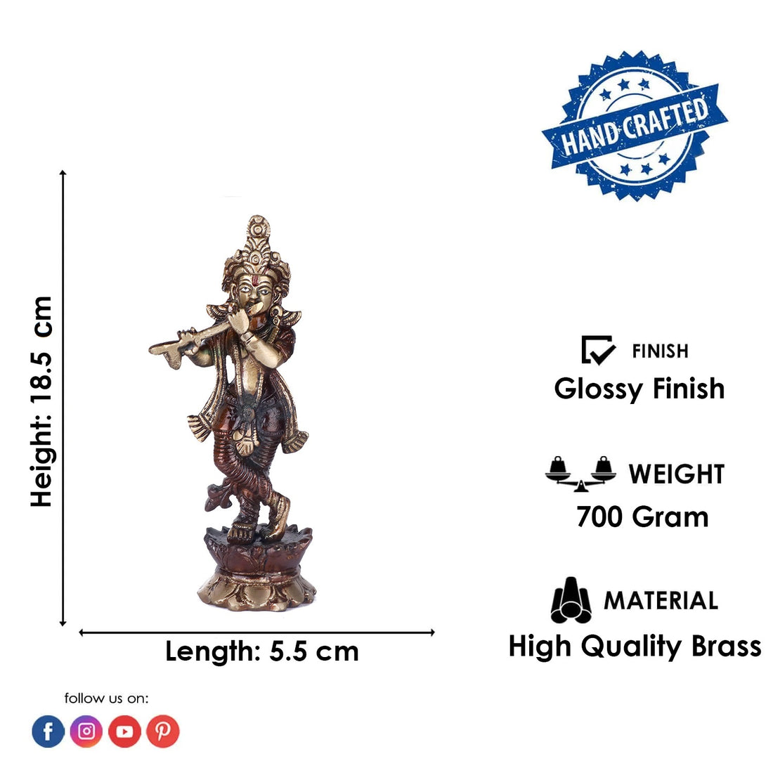 7.2 Inch Brass Krishna Idol