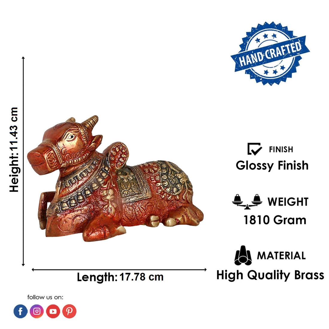 4.5 Inch Artistic Brass Nandi Cow (Green)