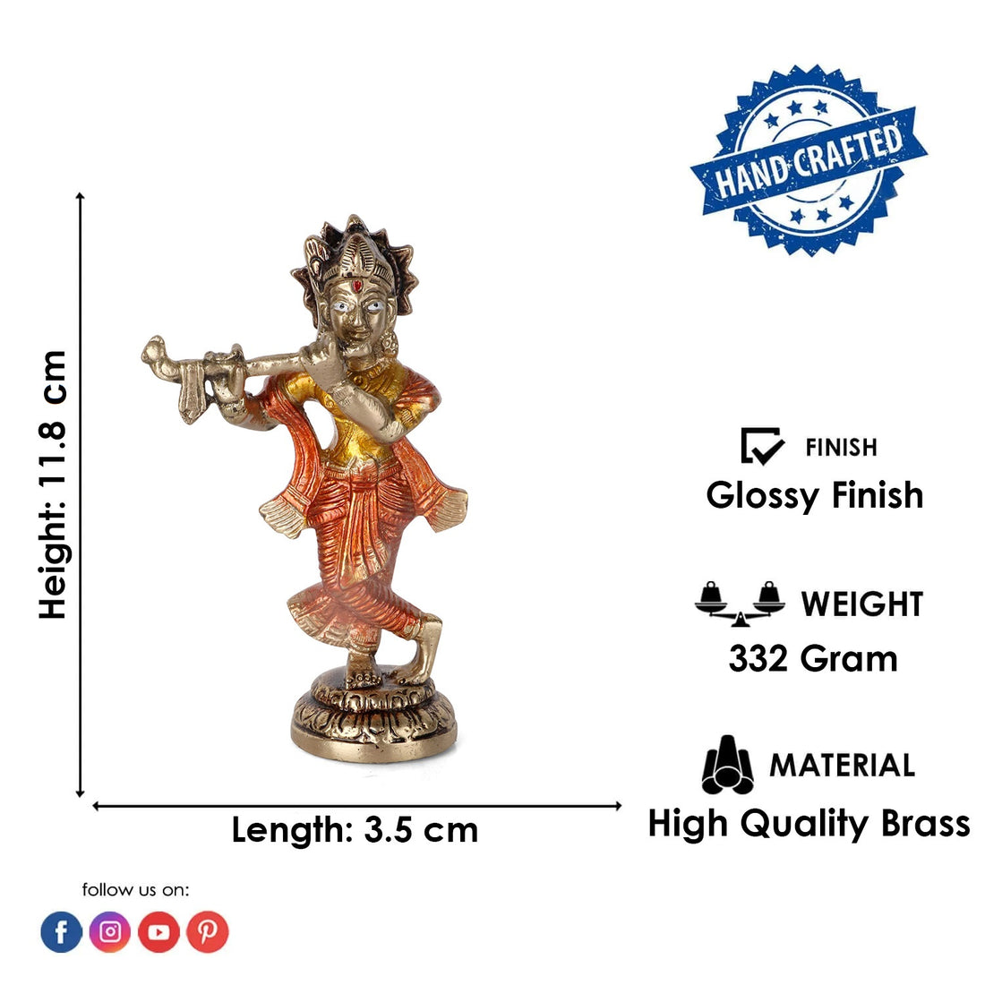 4.6 Inch Desirable Colorful Brass Krishna Idol
