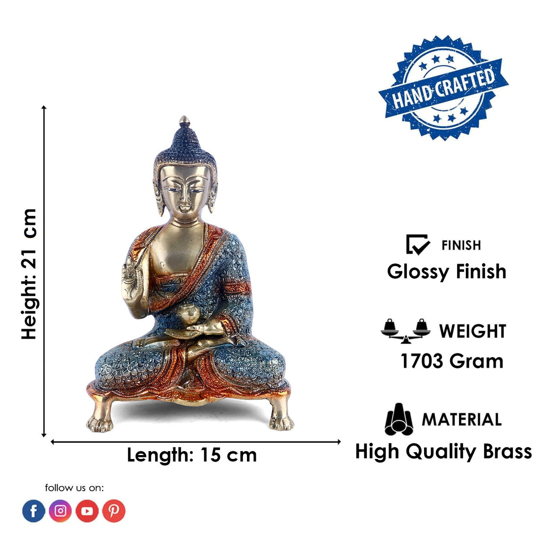 8.3 Inch Contemplative Brass Colorful Buddha Idol Green
