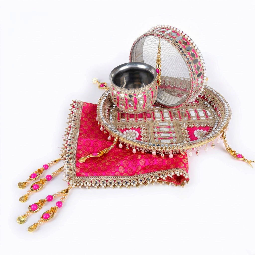 11 Pc Pink Embroidery Karwa Chauth Thali Set
