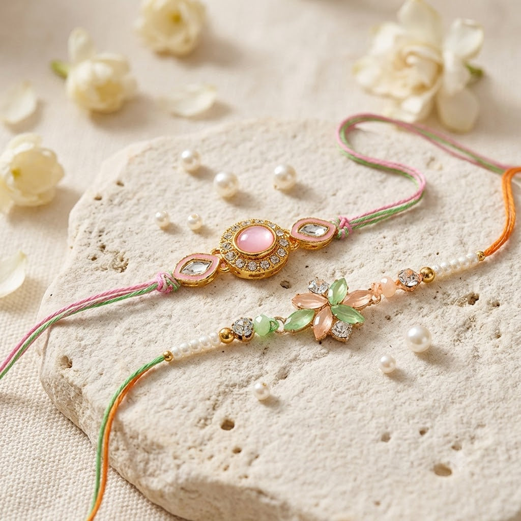 Pastel Pink Oval Stone Floral Cluster Designer Rakhi (Set of 2)