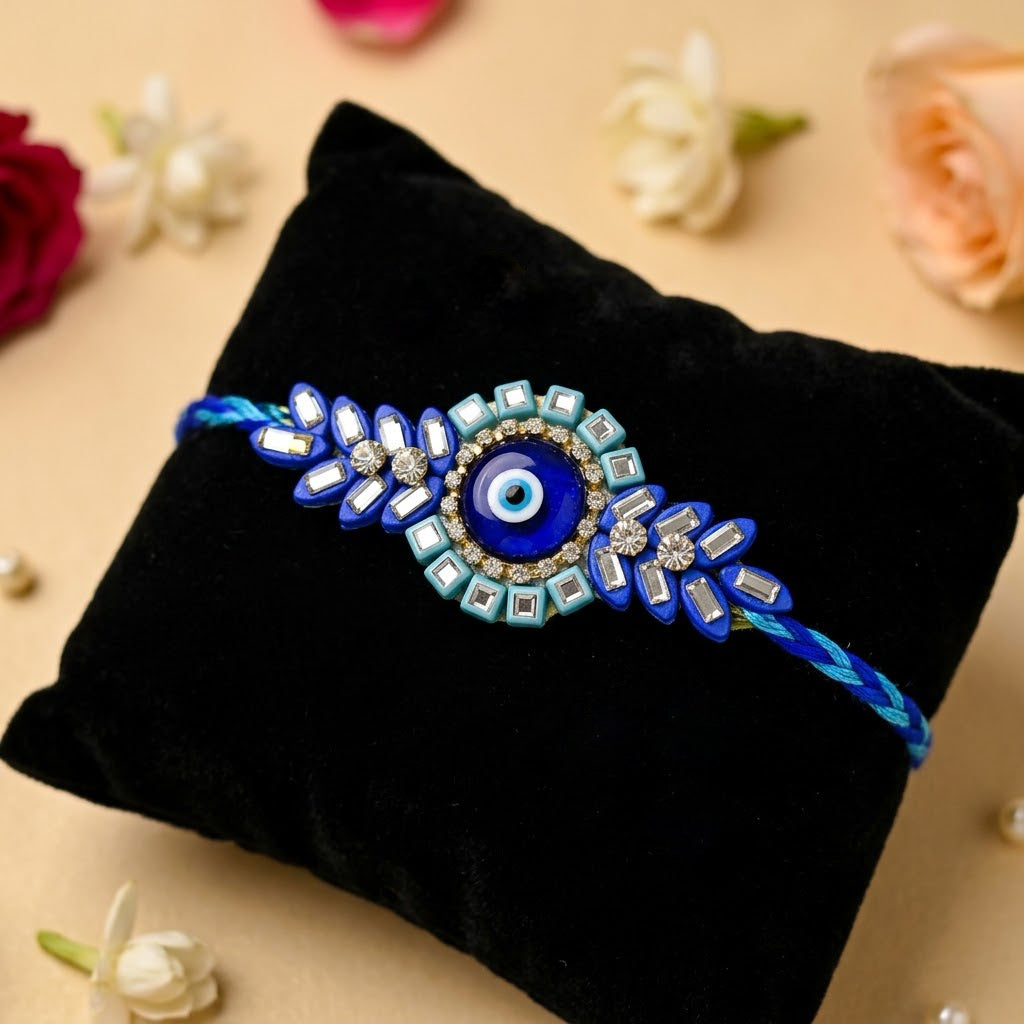 Royal Blue Evil Eye Centerpiece Crystal Leaf Motif Designer Rakhi