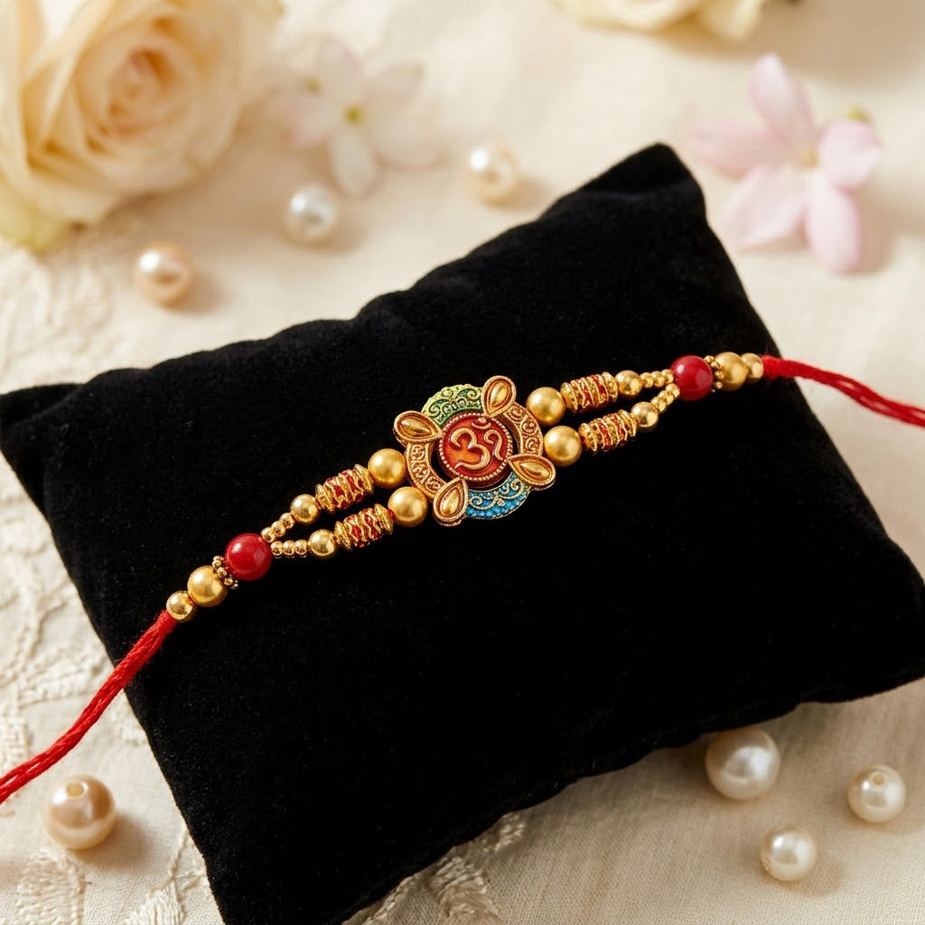 Sacred Om Center Golden Beaded Red Thread Rakhi