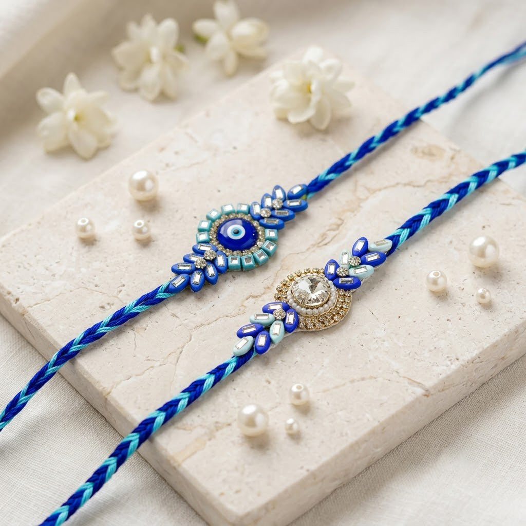 Royal Blue Evil Eye Solitaire Crystal Designer Rakhi (Set of 2)
