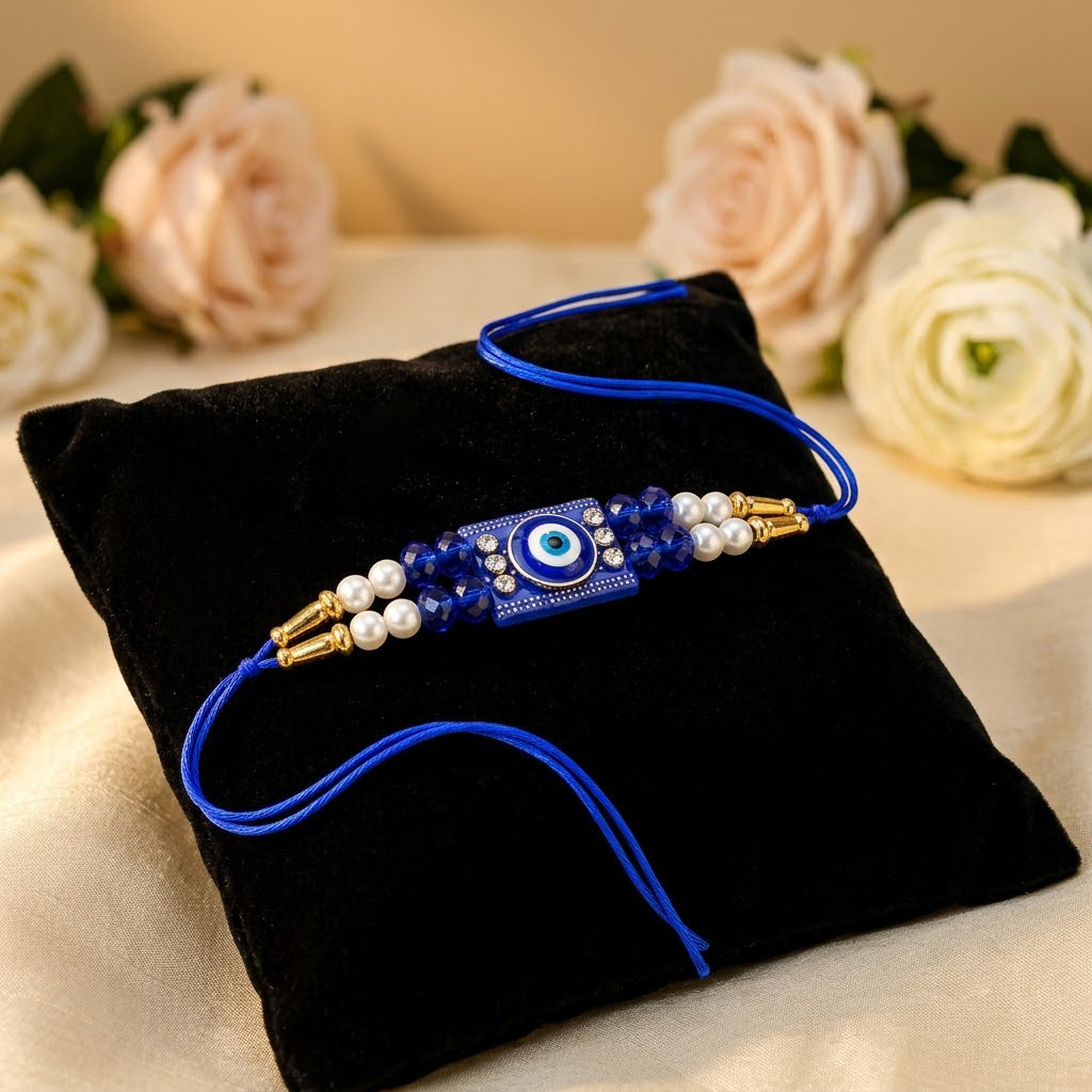 Handcrafted Dark Blue Evil Eye Motif Designer Rakhi