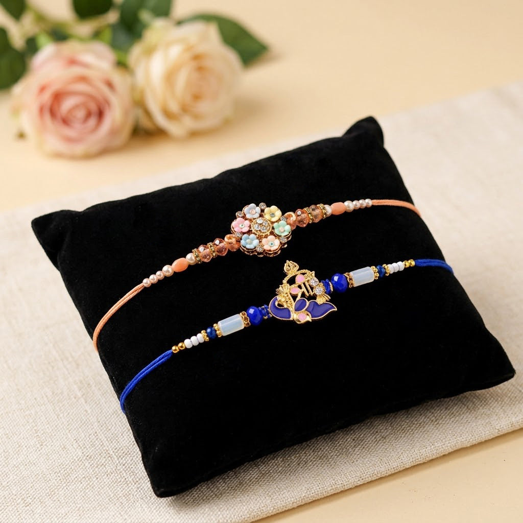 Handcrafted Pastel Floral Divine Peacock Rakhi (Set of 2)