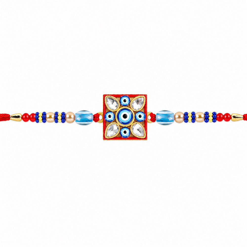 Red and Blue Beaded Square Evil Eye Medallion Rakhi