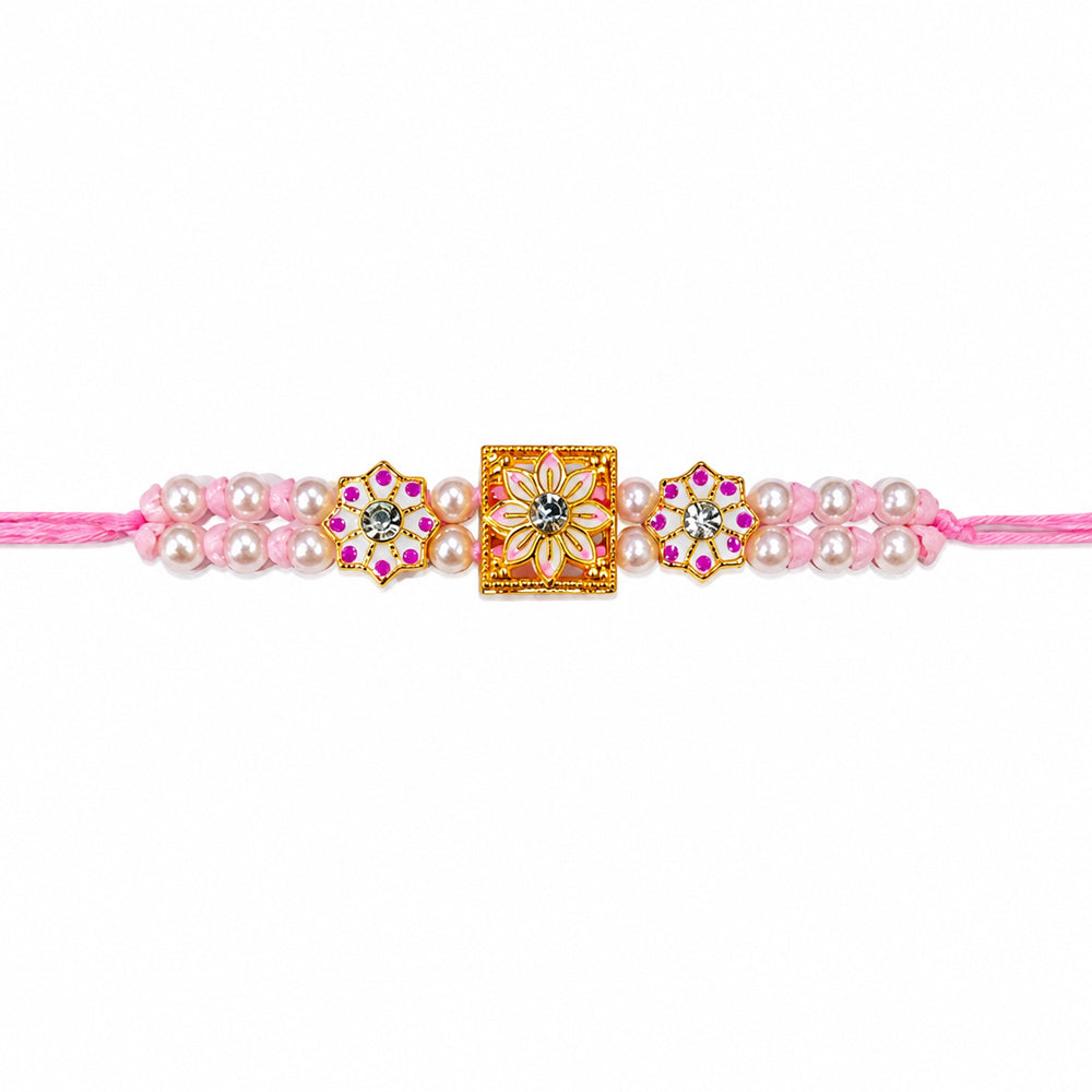 Pink Pearl Double Line Floral Meenakari Designer Rakhi