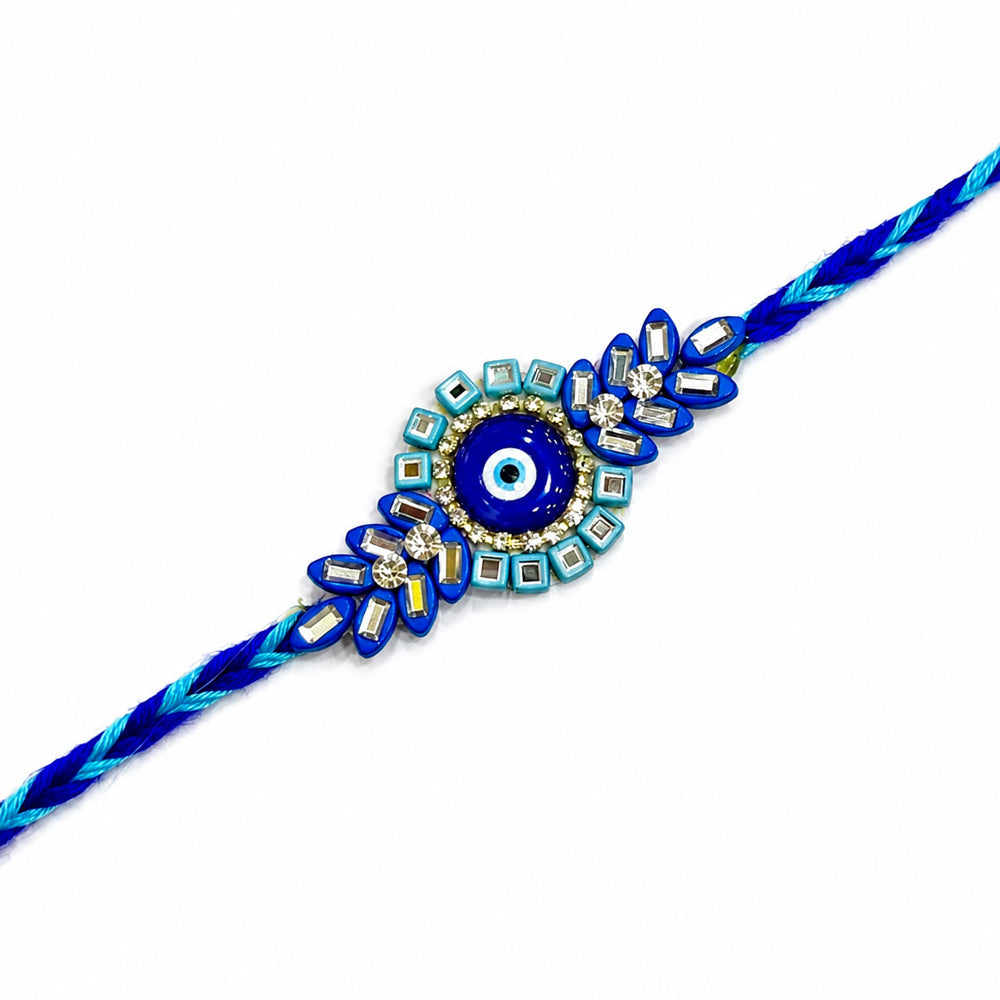 Royal Blue Evil Eye Centerpiece Crystal Leaf Motif Designer Rakhi