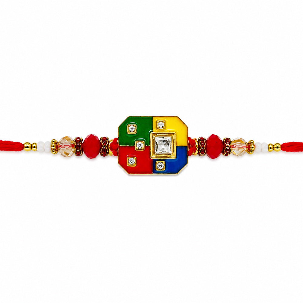 Traditional Four Color Enamel Dial Solitaire Stone Rakhi