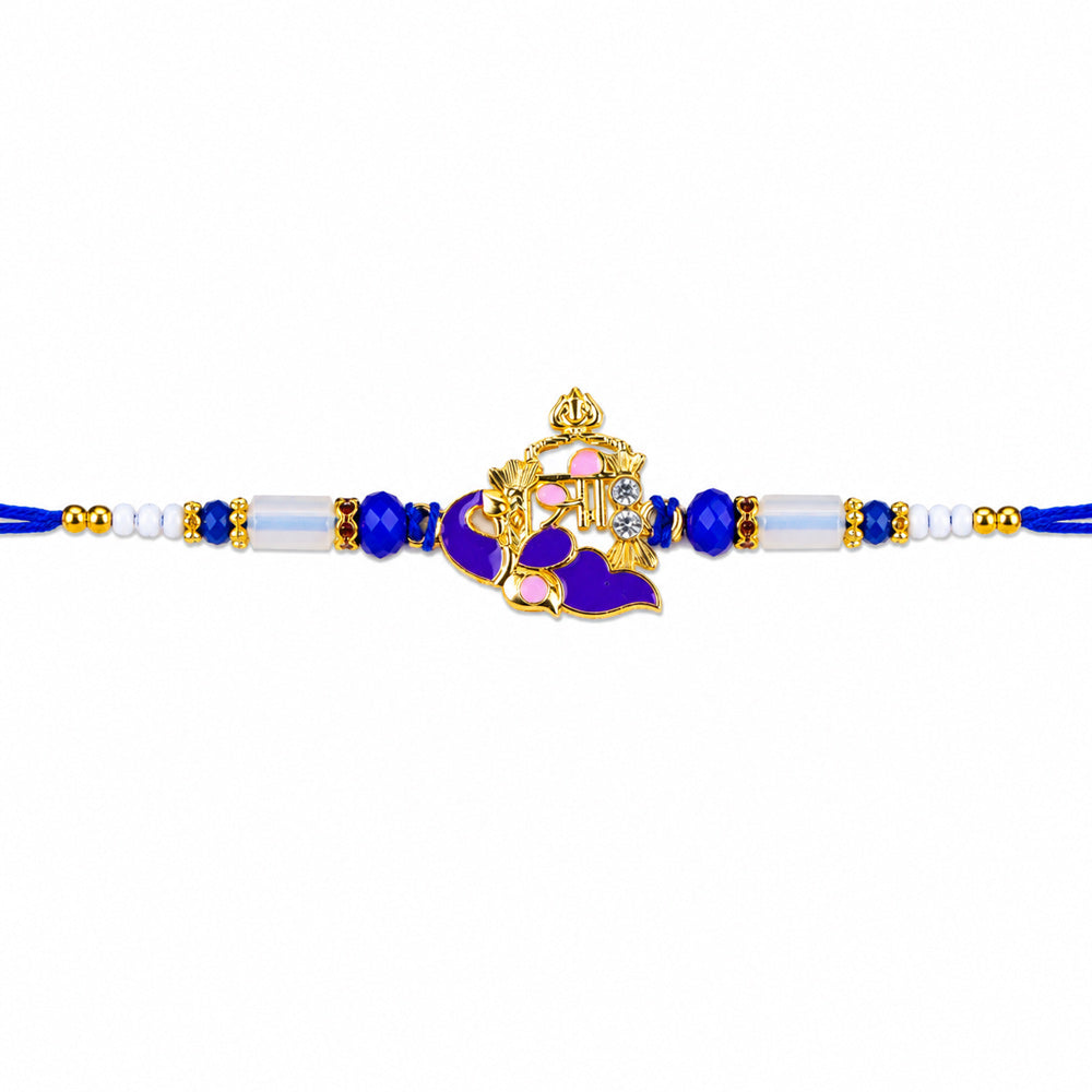 Royal Blue Crystal and Gold Accent Shree Charm Rakhi