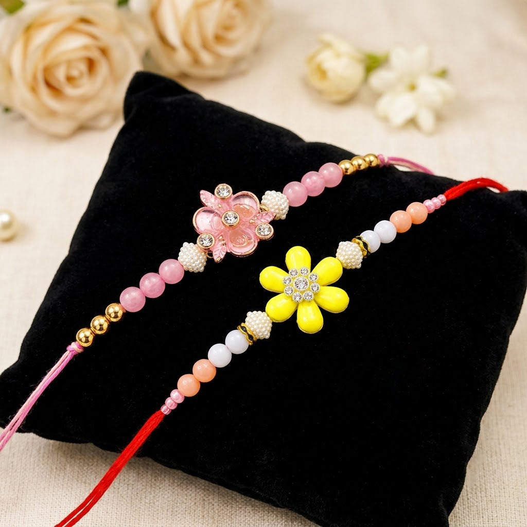 Traditional Pastel Pink and Yellow Floral Rakhi (Set of 2)