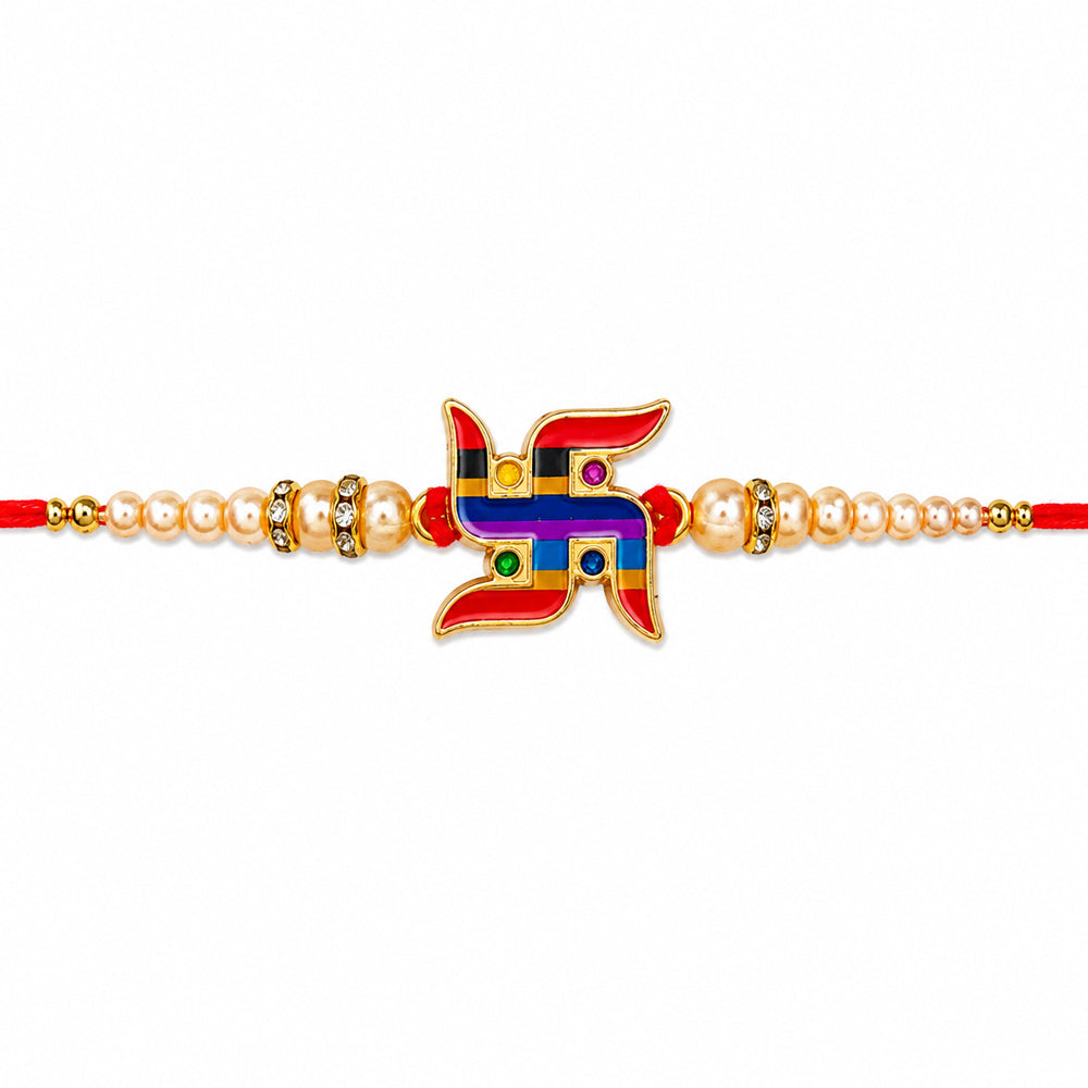 Multicolor Striped Swastik Emblem Golden Pearl Rakhi