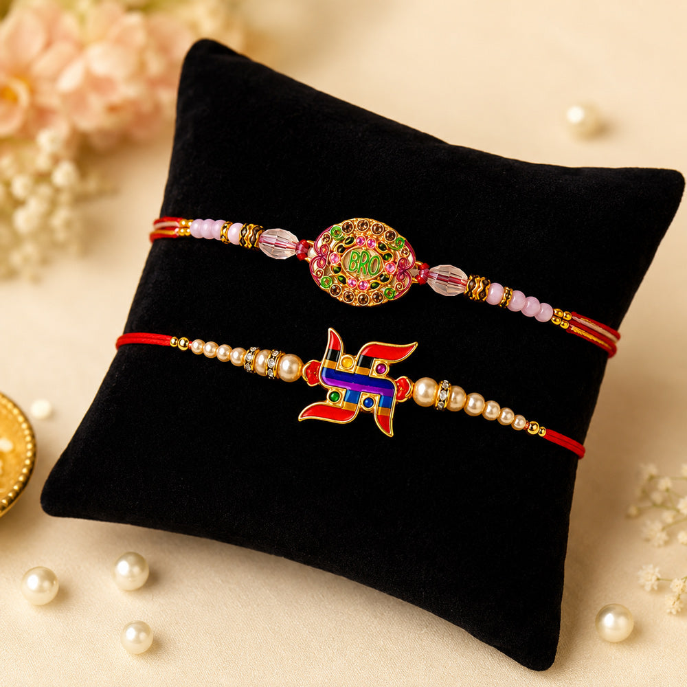 Stone Studded BRO Dial and Swastik Symbol Rakhi (Set of 2)